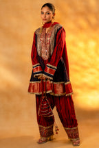 Maroon and Dark Navy Blue Raw Silk Choga Style Suit paired with a classic Patiala bottom