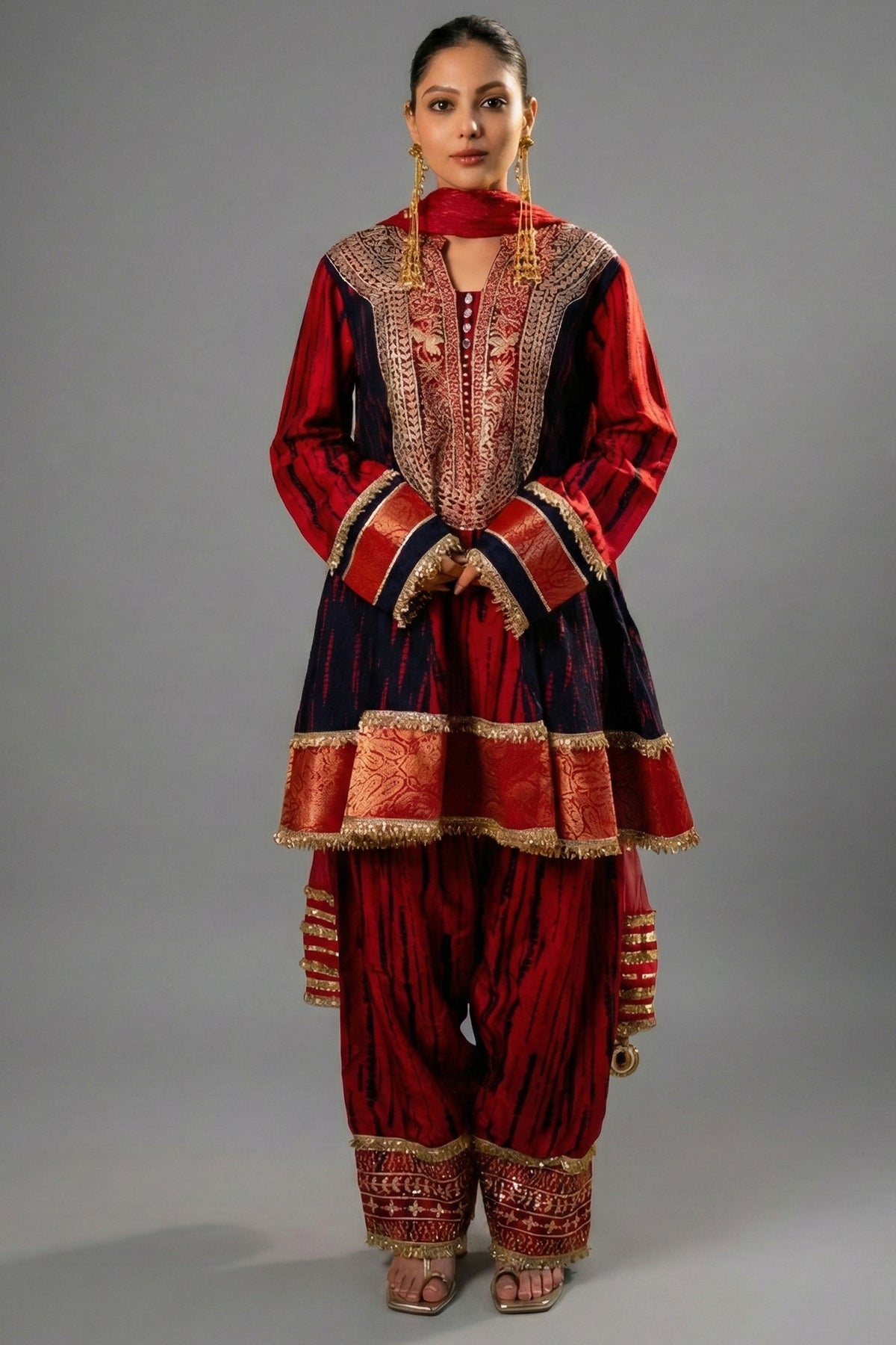 Maroon and Dark Navy Blue Raw Silk Choga Style Suit - Front View