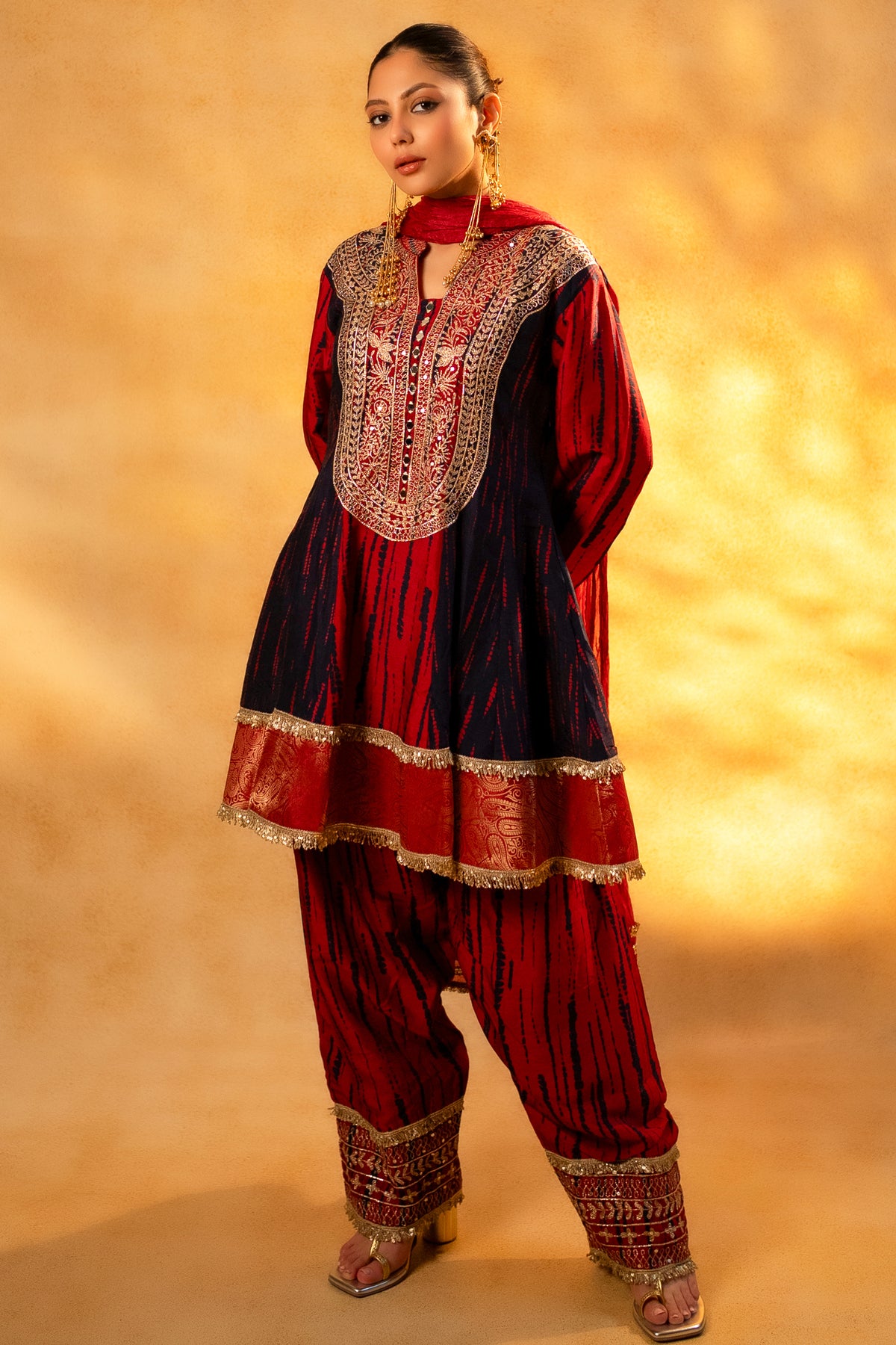 Designer Maroon and Dark Navy Blue Raw Silk Choga Style Suit for winter weddings and royal festivities