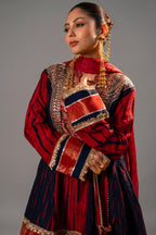 Close-up of authentic mirror work and sequins on the Maroon and Dark Navy Blue Raw Silk Choga Style Suit