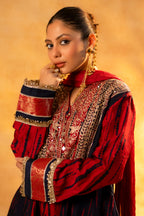 Maroon and Dark Navy Blue Raw Silk Choga Style Suit - maroon silk saree
