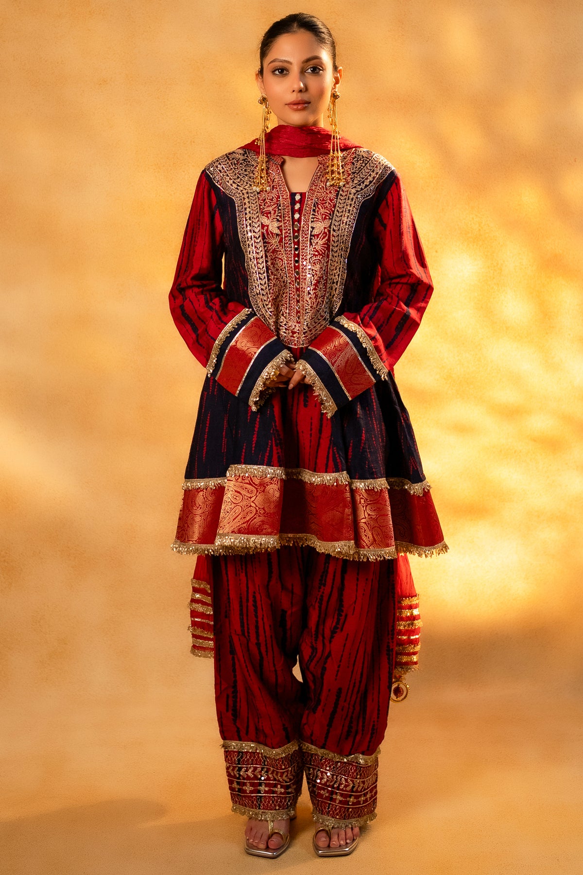 Maroon and Dark Navy Blue Raw Silk Choga Style Suit featuring a Shibori printed open-front design