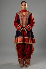 Maroon and Dark Navy Blue Raw Silk Choga Style Suit - Front View