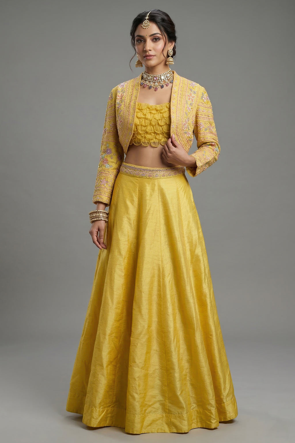 Yellow Organza Crop Top Skirt Set with Beaded Bolero Jacket - yellow organza saree