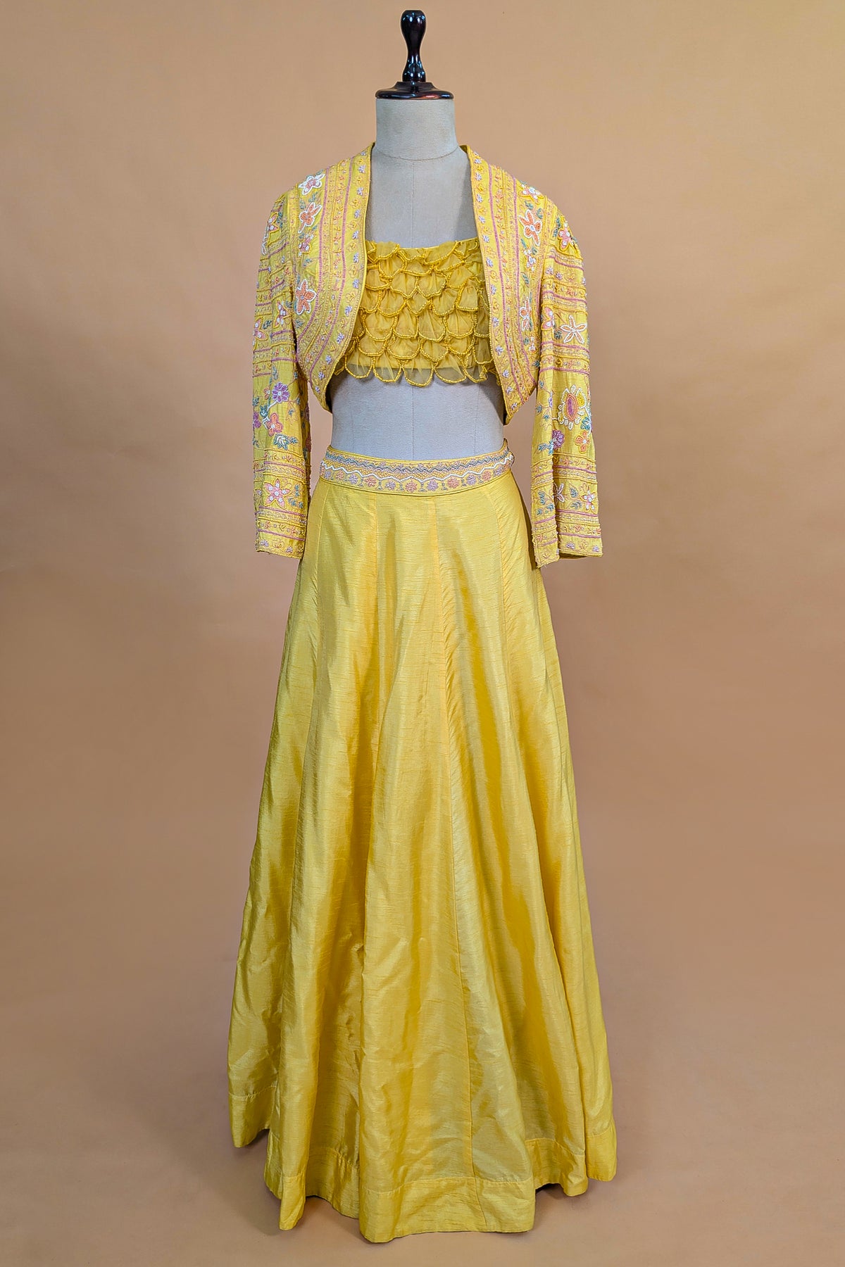 Yellow Organza Crop Top Skirt Set with Beaded Bolero Jacket - yellow organza saree