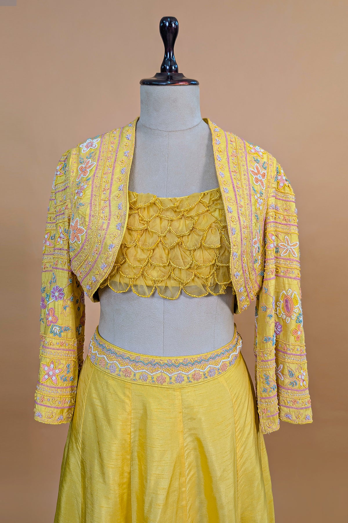 Yellow Organza Crop Top Skirt Set with Beaded Bolero Jacket - yellow organza saree
