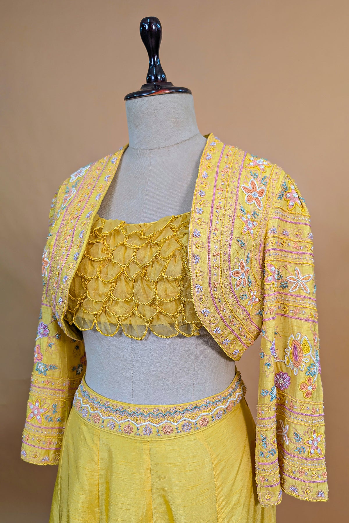 Yellow Organza Crop Top Skirt Set with Beaded Bolero Jacket - yellow organza saree