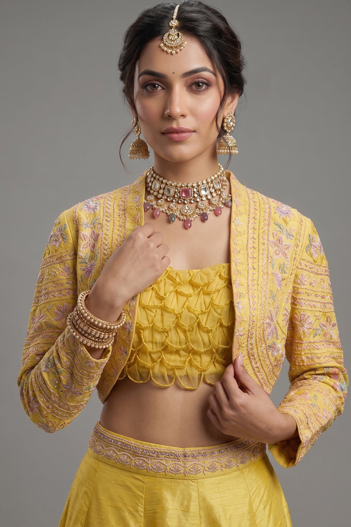 Yellow Organza Crop Top Skirt Set with Beaded Bolero Jacket - yellow organza saree