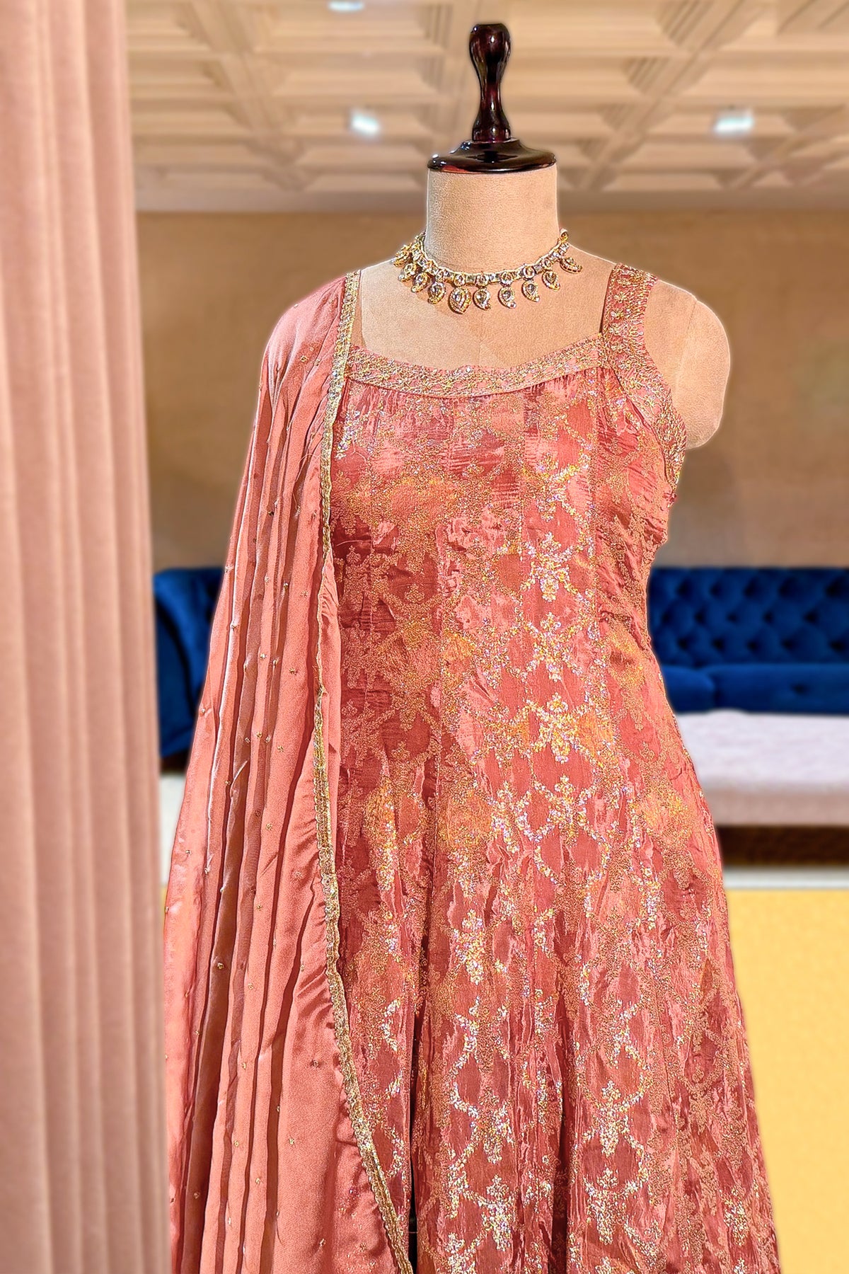 Rose Gold Pink Chinon Tissue Woven Anarkali Palazzo Suit - gold saree