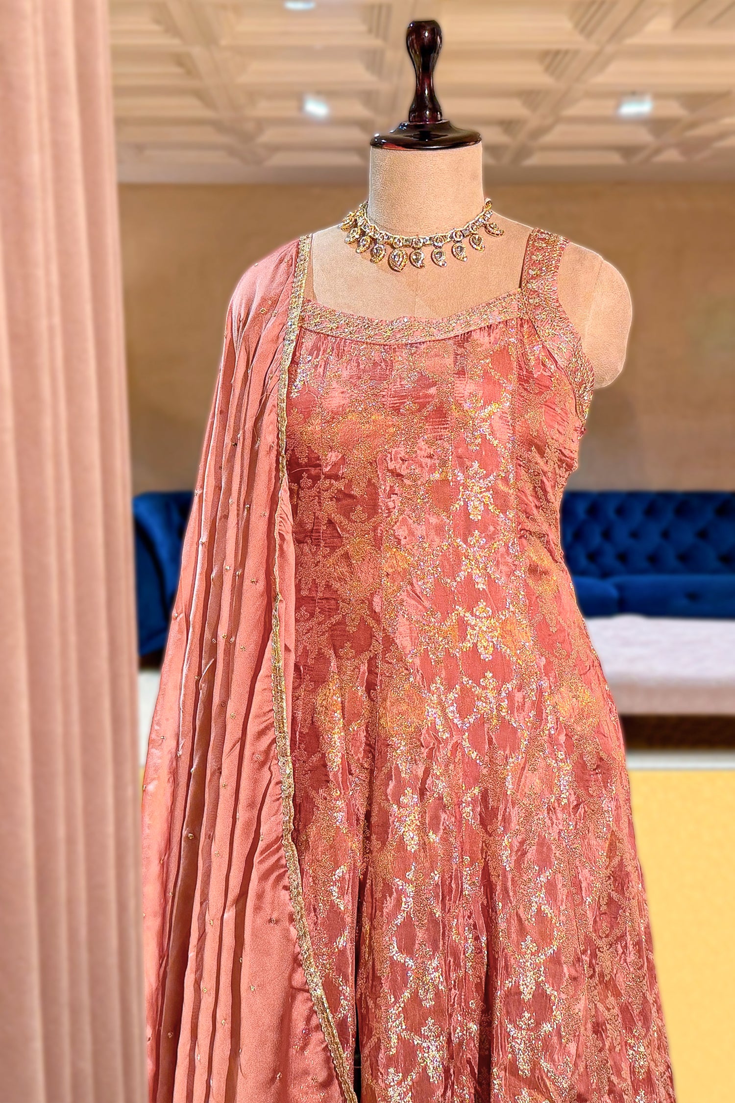 Rose Gold Pink Chinon Tissue Woven Anarkali Palazzo Suit - gold saree