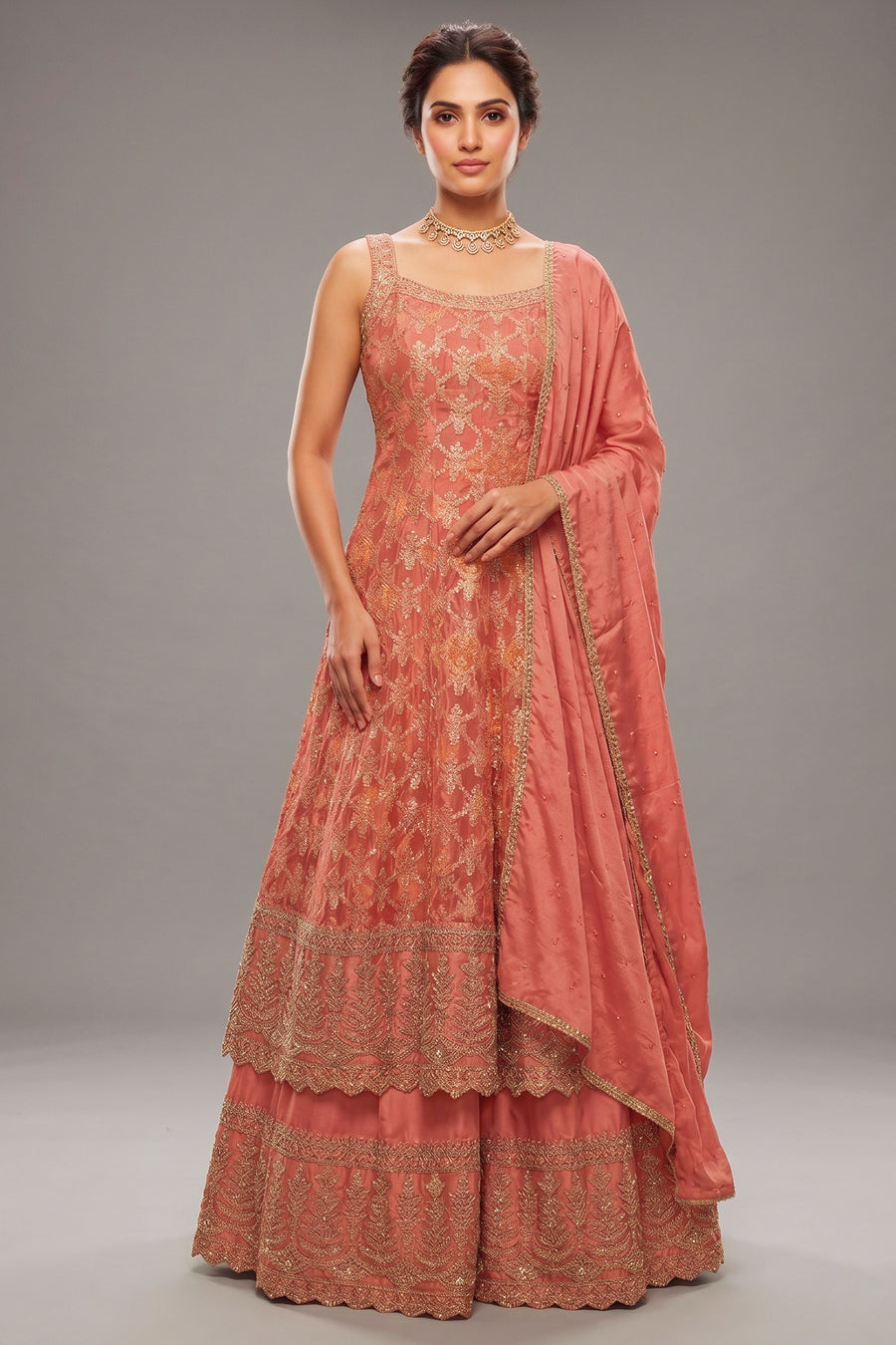 Rose Gold Pink Chinon Tissue Woven Anarkali Palazzo Suit - gold saree