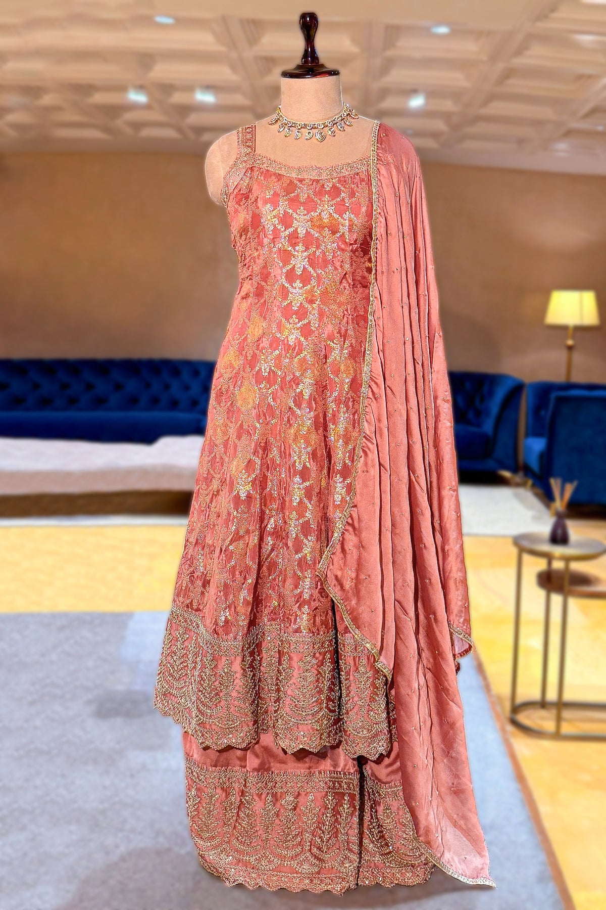 Rose Gold Pink Chinon Tissue Woven Anarkali Palazzo Suit - gold saree