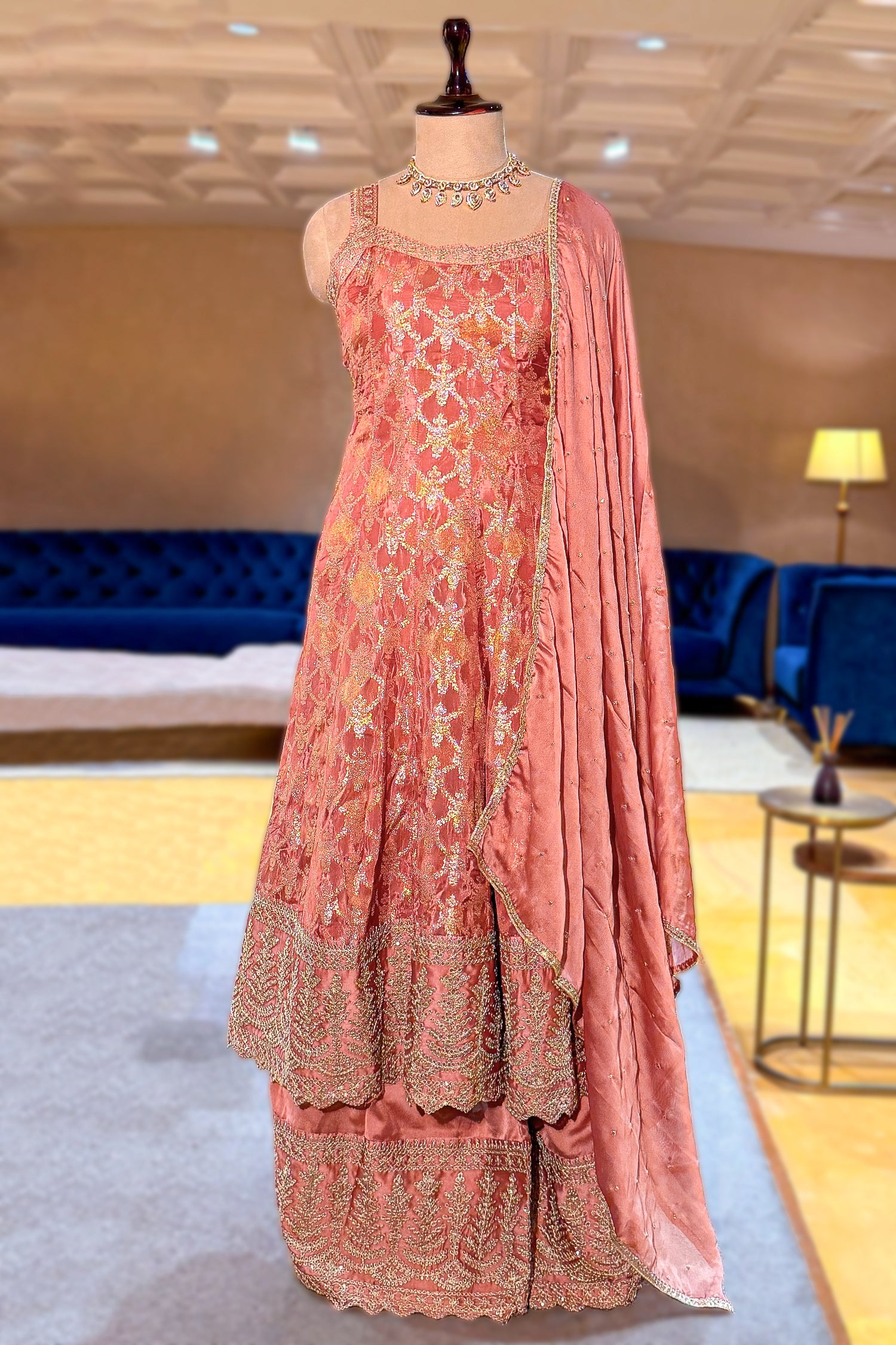 Rose Gold Pink Chinon Tissue Woven Anarkali Palazzo Suit - gold saree
