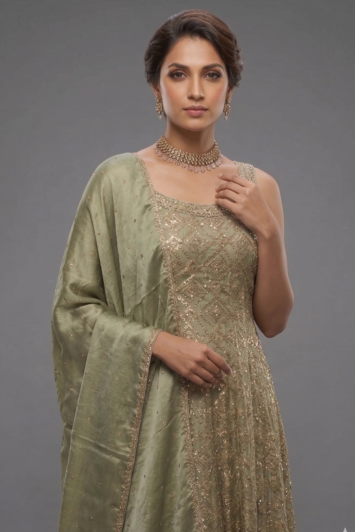 Light Pista Green Chinon Tissue Woven Anarkali Palazzo Suit - green saree