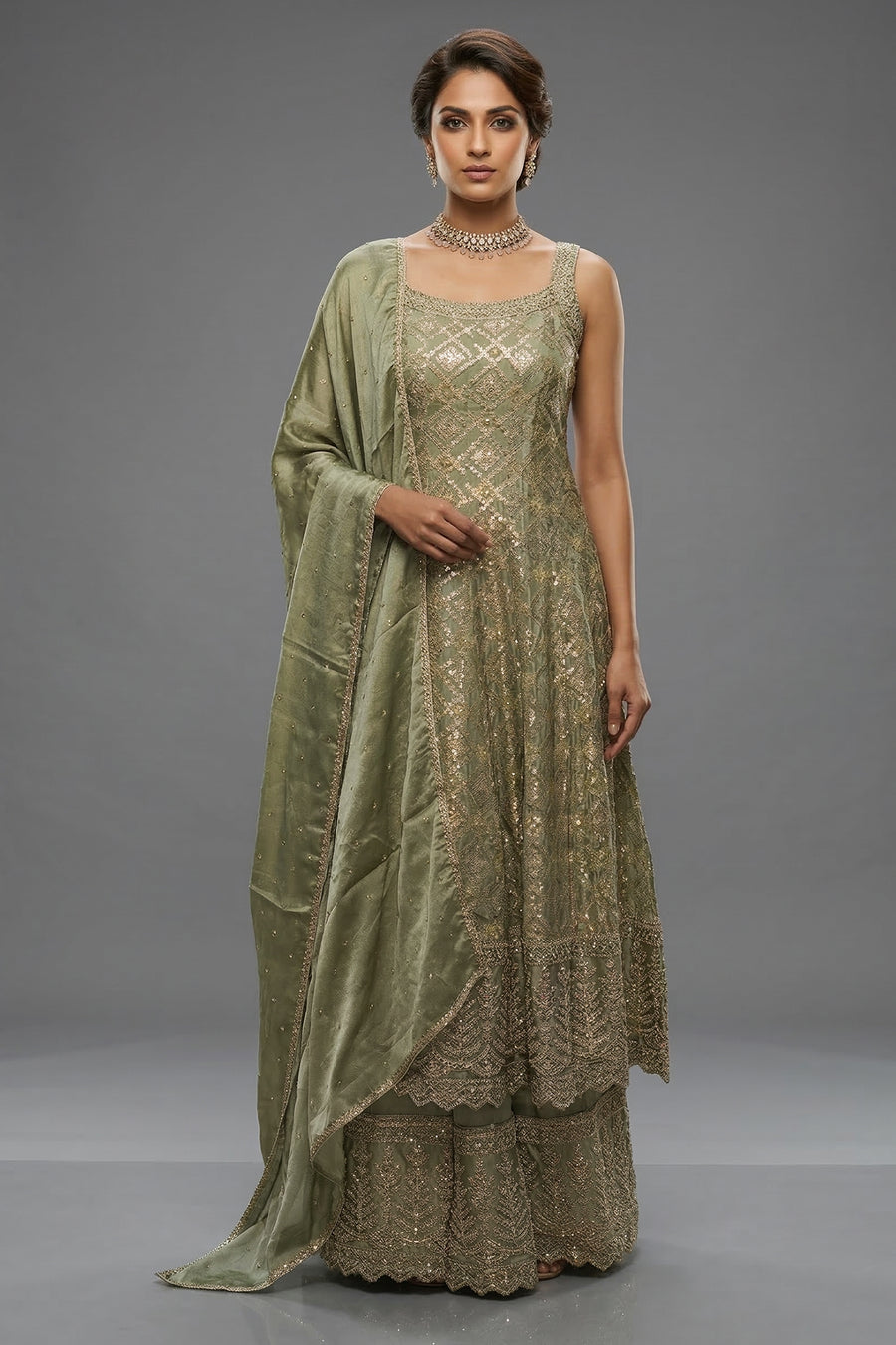 Light Pista Green Chinon Tissue Woven Anarkali Palazzo Suit - green saree