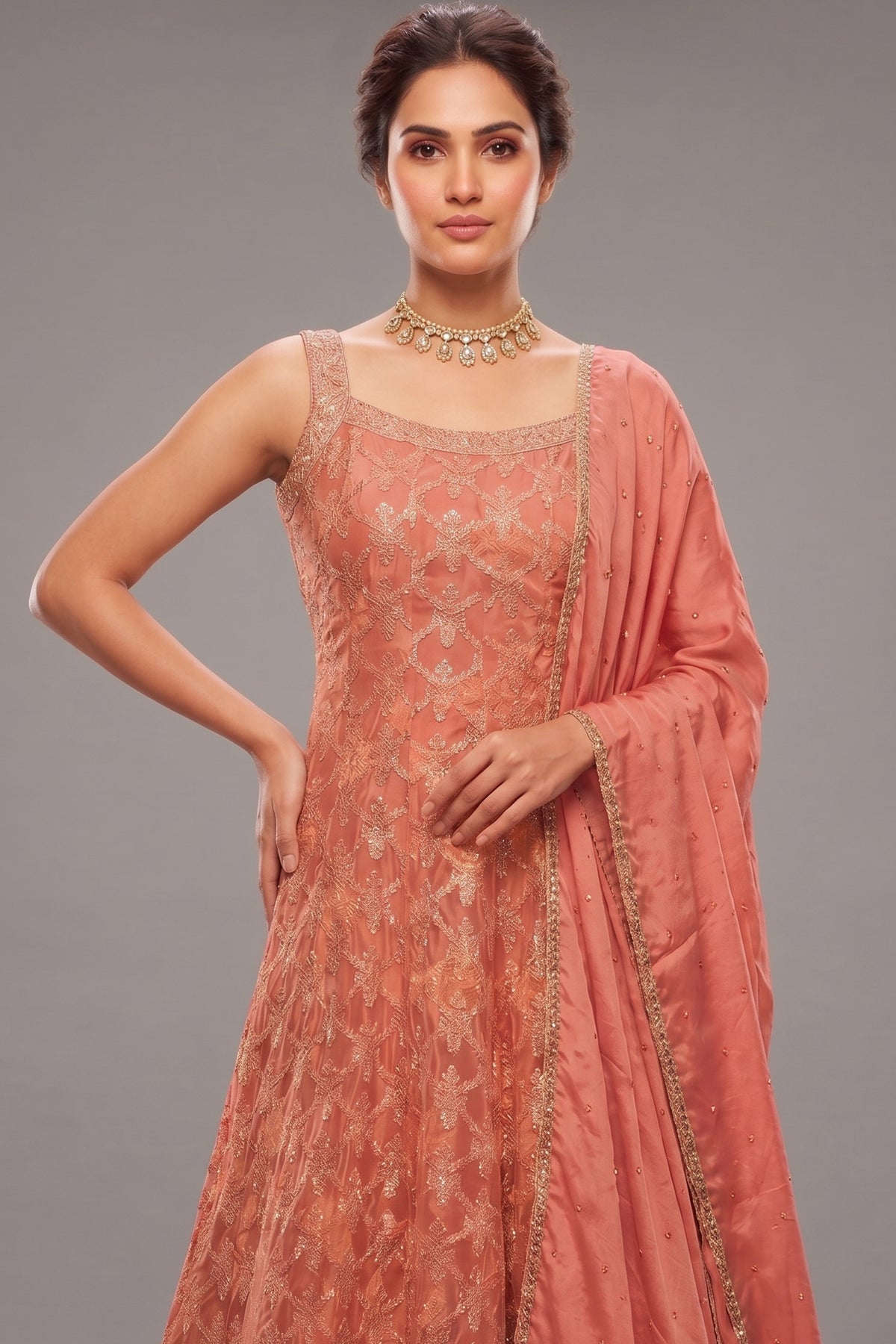 Rose Gold Pink Chinon Tissue Woven Anarkali Palazzo Suit - gold saree