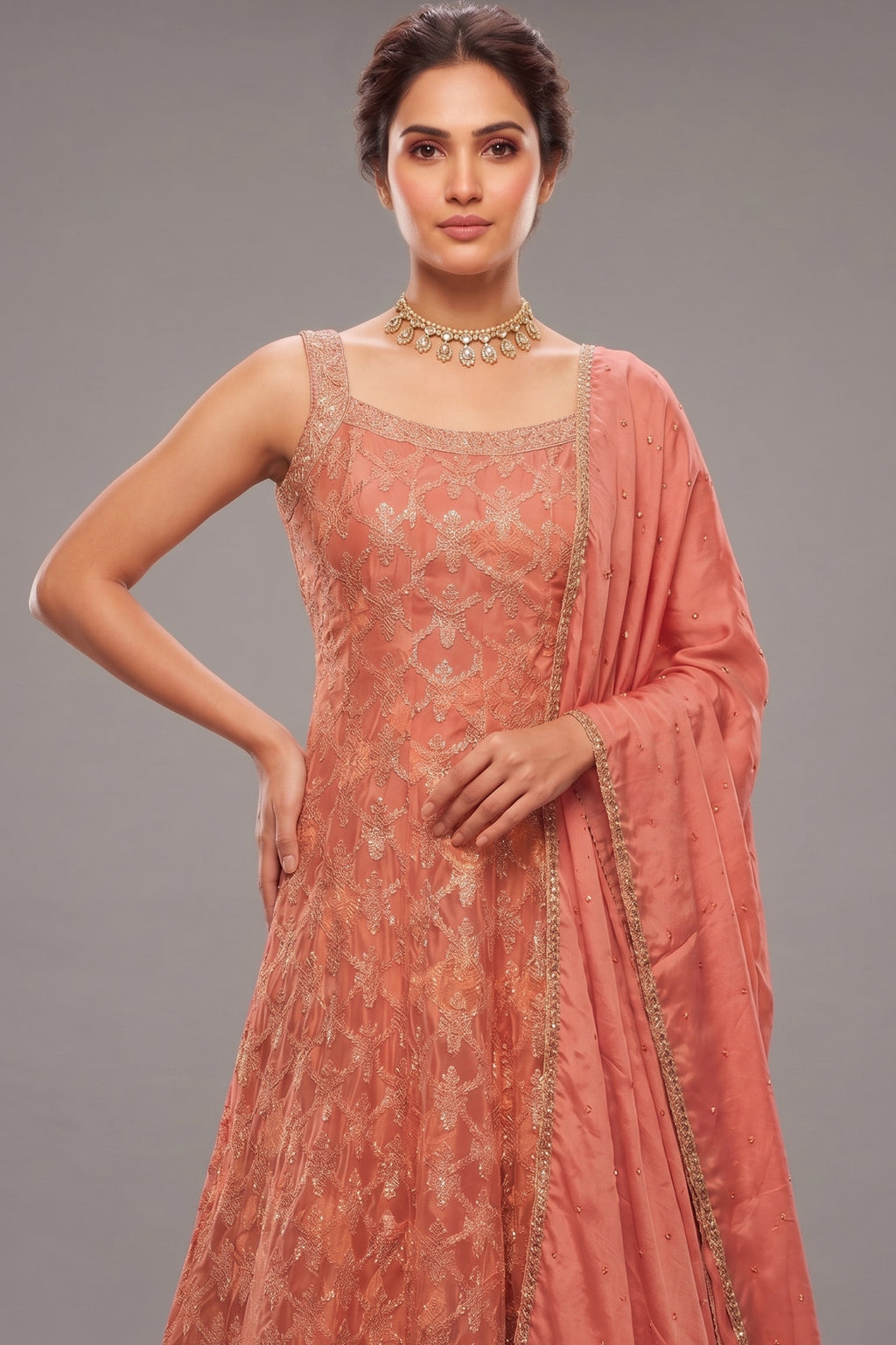 Rose Gold Pink Chinon Tissue Woven Anarkali Palazzo Suit - gold saree