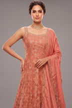 Rose Gold Pink Chinon Tissue Woven Anarkali Palazzo Suit - gold saree