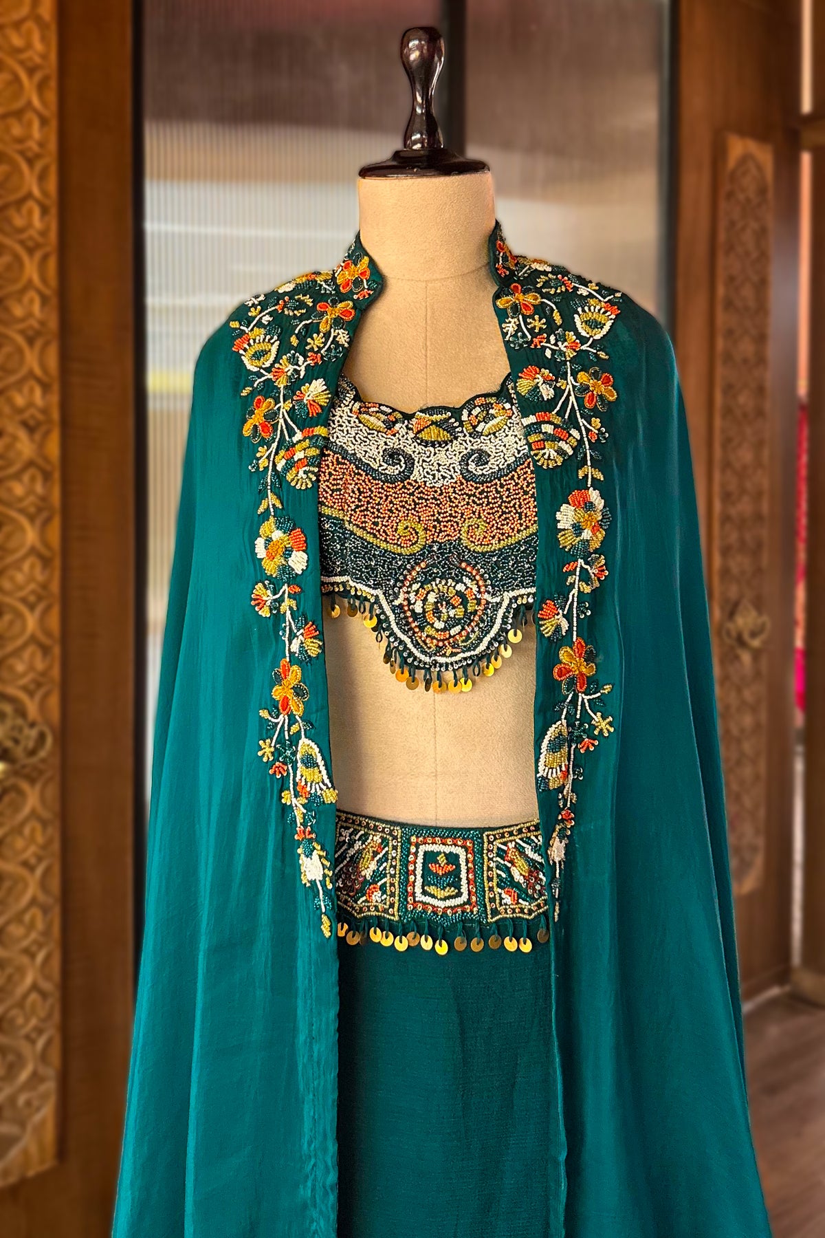 Designer Bottle Green Crepe Satin Silk Skirt Set with Jacket for cocktail events and wedding festivities