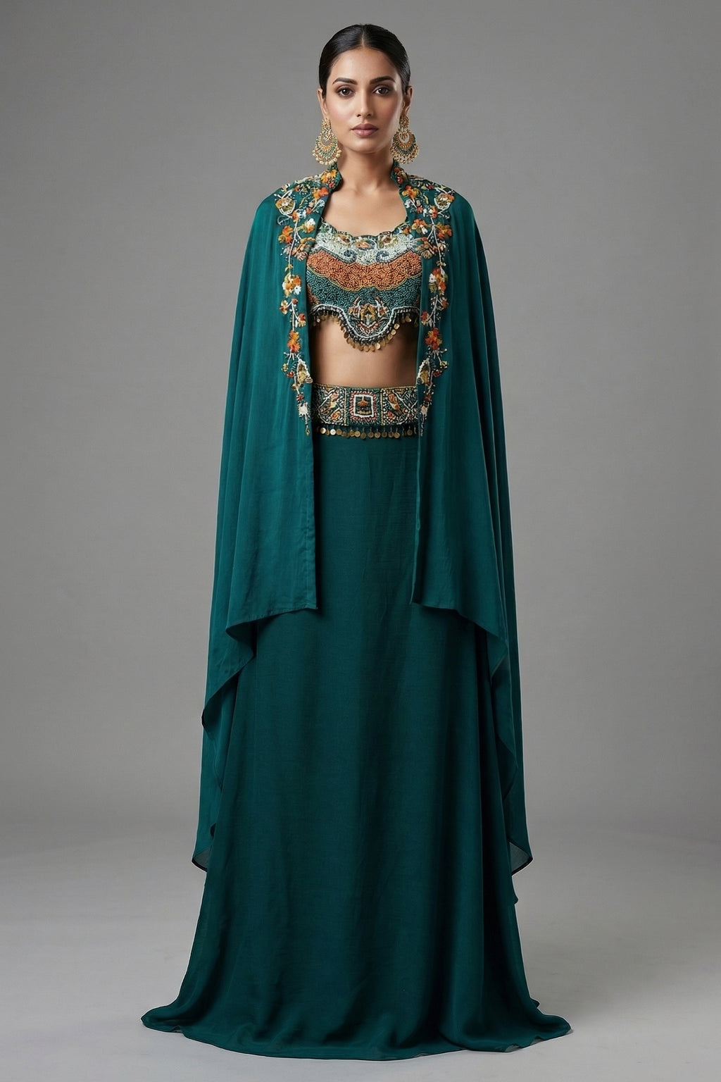 Bottle Green Crepe Satin Silk Skirt Set with Jacket - Front View