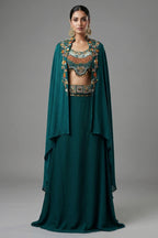 Bottle Green Crepe Satin Silk Skirt Set with Jacket - Front View
