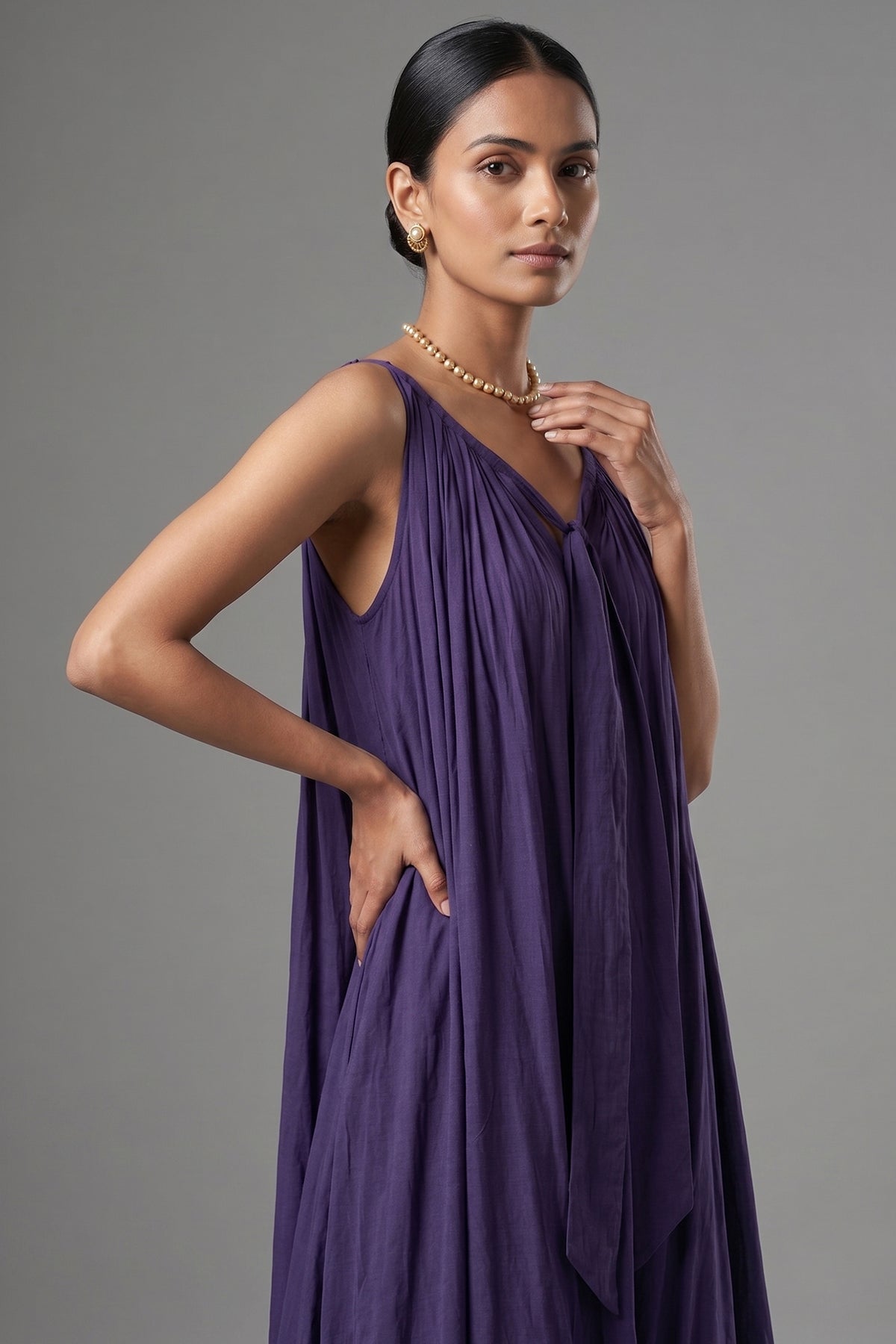 Close-up of the premium fabric blend on the Indigo Purple Cotton Silk Solid Co-Ord Set