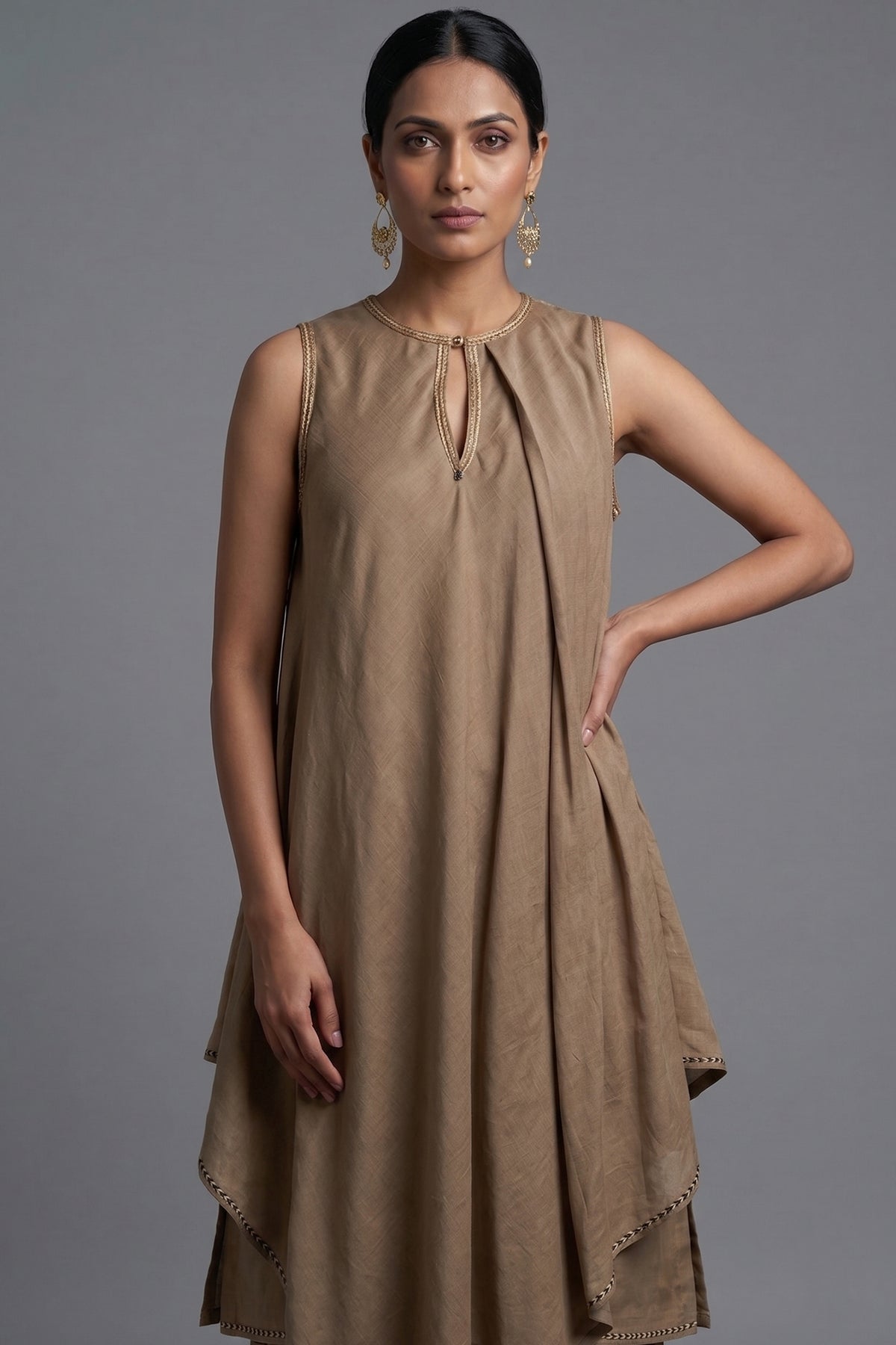 Close-up of the premium fabric blend on the Beige Cotton Silk Solid Co-Ord Set