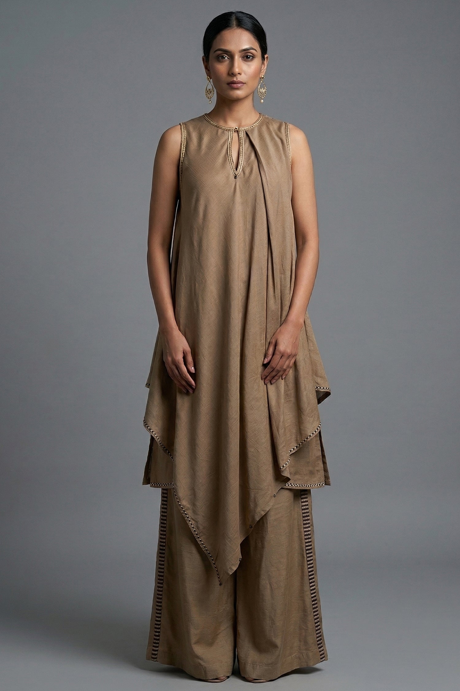 Beige Cotton Silk Solid Co-Ord Set - Front View Main image