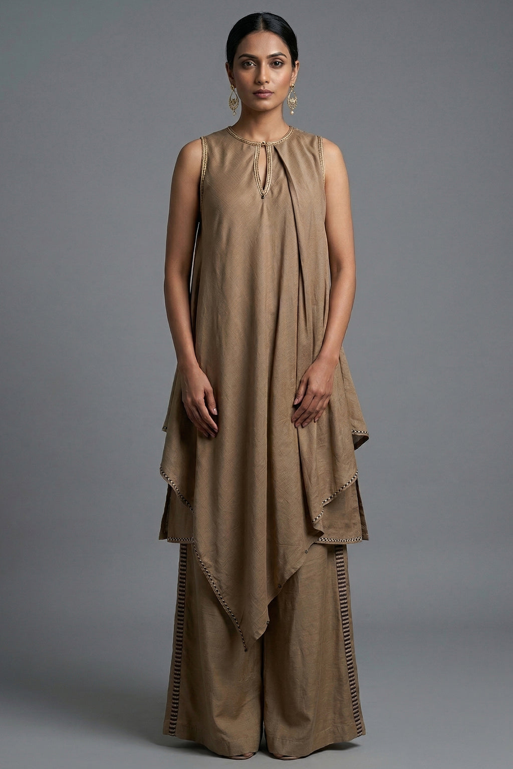 Beige Cotton Silk Solid Co-Ord Set - Front View