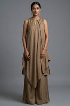 Beige Cotton Silk Solid Co-Ord Set - Front View