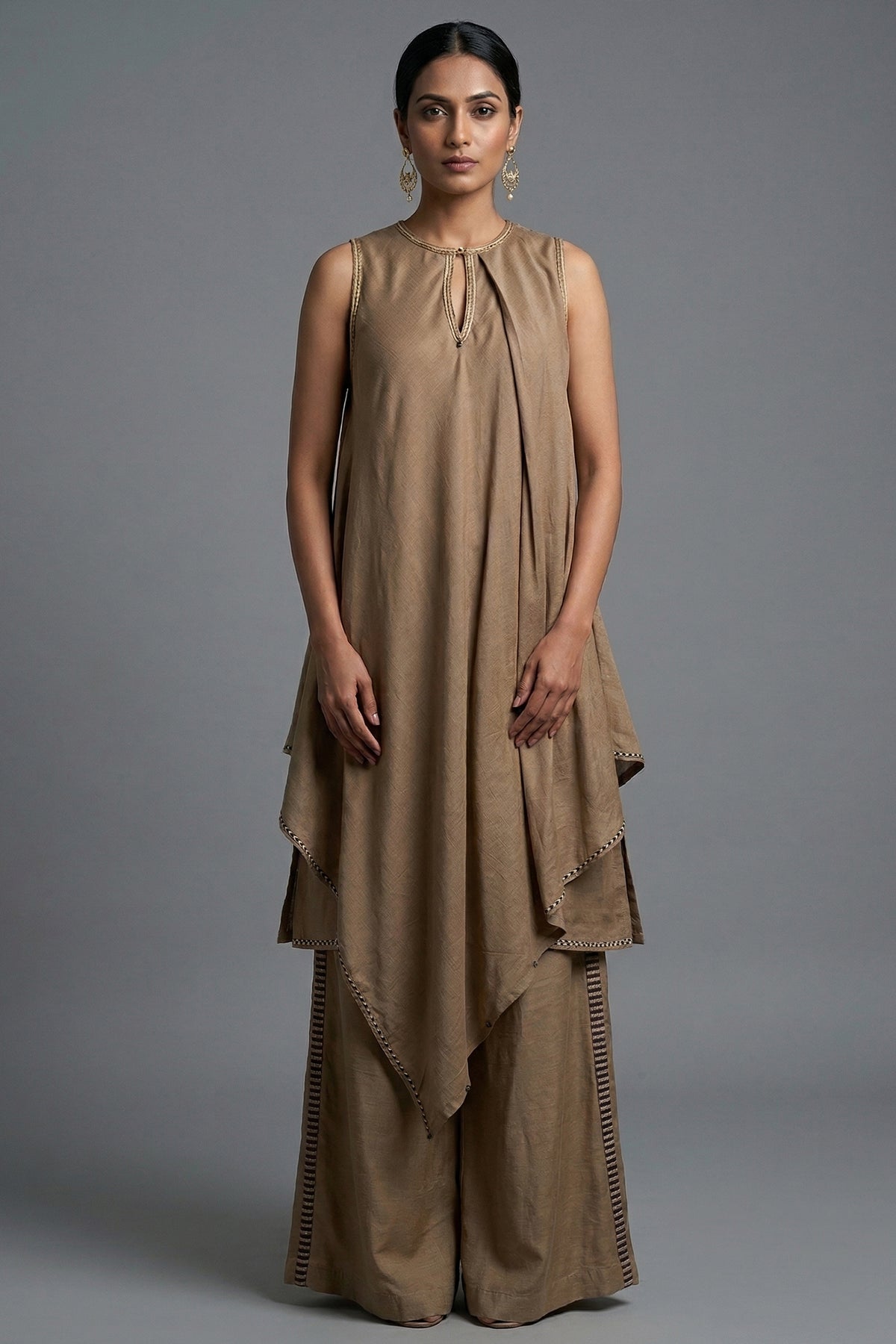 Beige Cotton Silk Solid Co-Ord Set