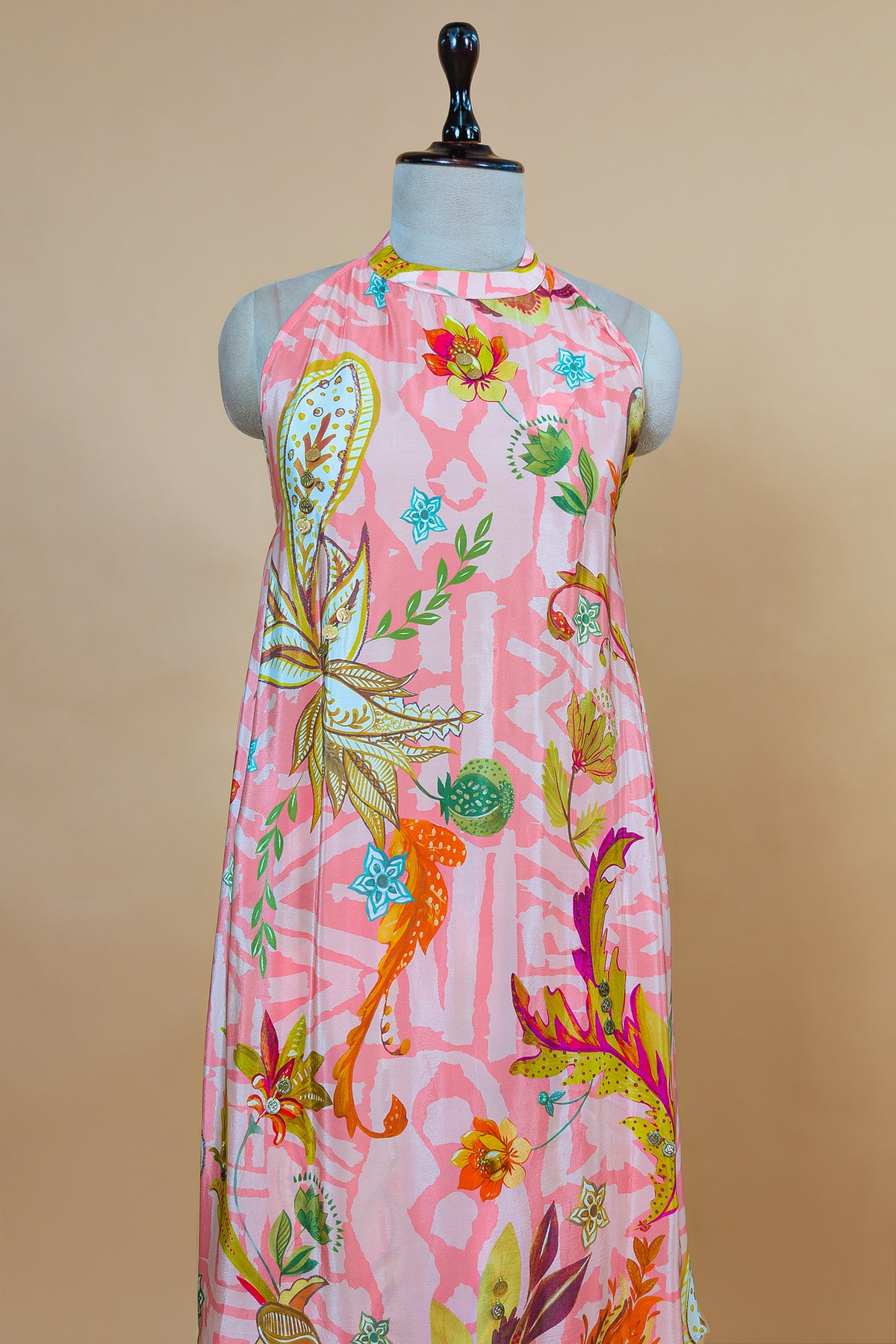Designer Pink Crepe Silk Digital Floral Printed Halter Neck Co-Ord Set for resort vacations and brunches