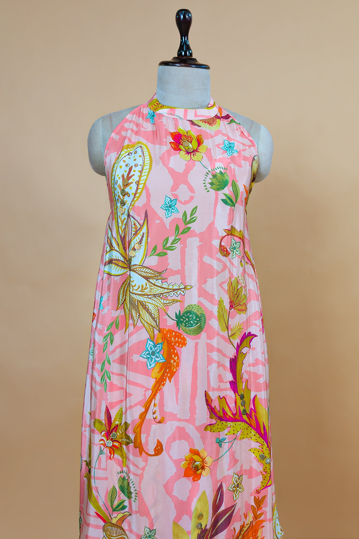 Designer Pink Crepe Silk Digital Floral Printed Halter Neck Co-Ord Set for resort vacations and brunches