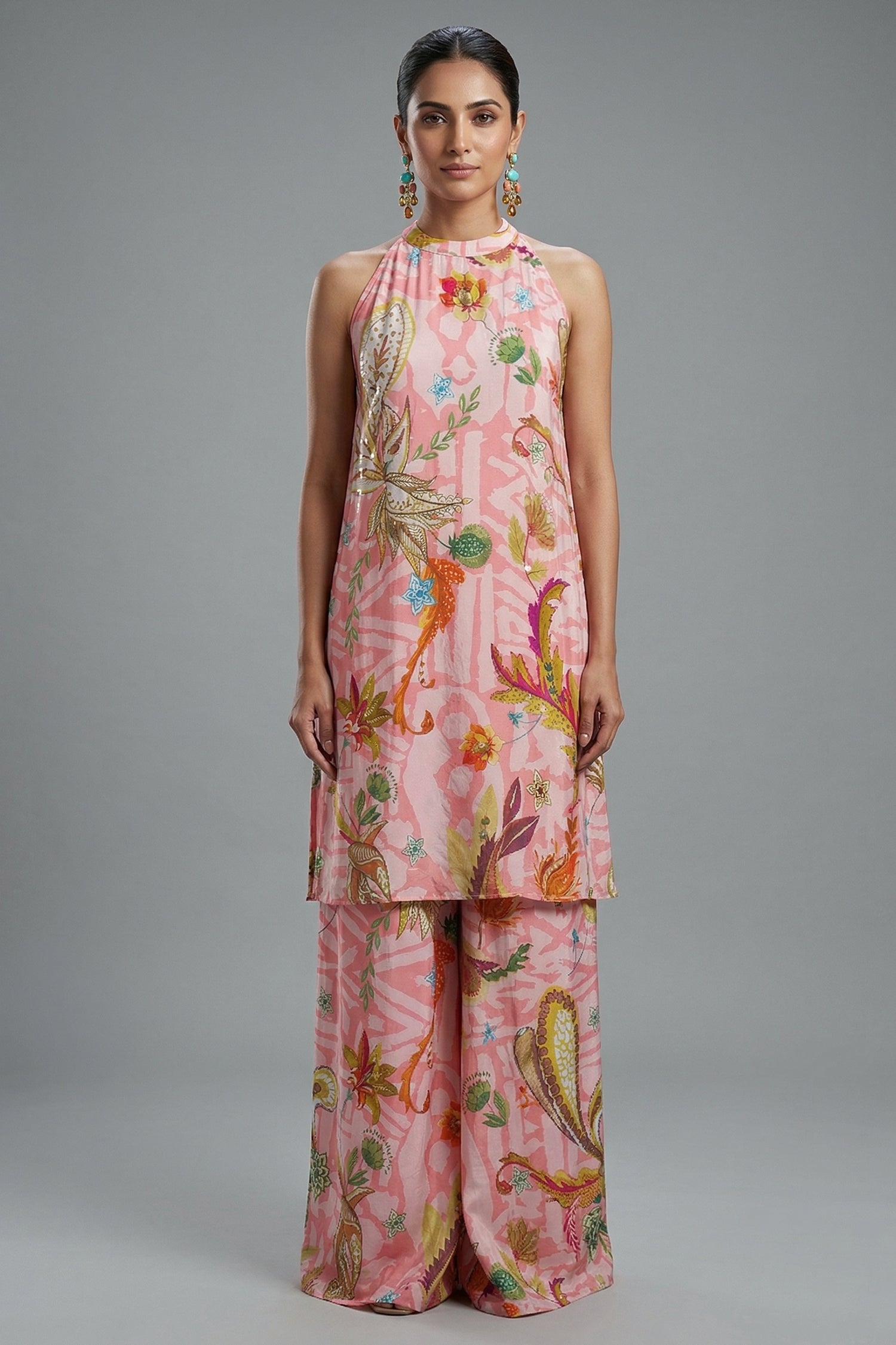 Pink Crepe Silk Digital Floral Printed Halter Neck Co-Ord Set - Front View Main image