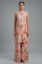 Pink Crepe Silk Digital Floral Printed Halter Neck Co-Ord Set - Front View