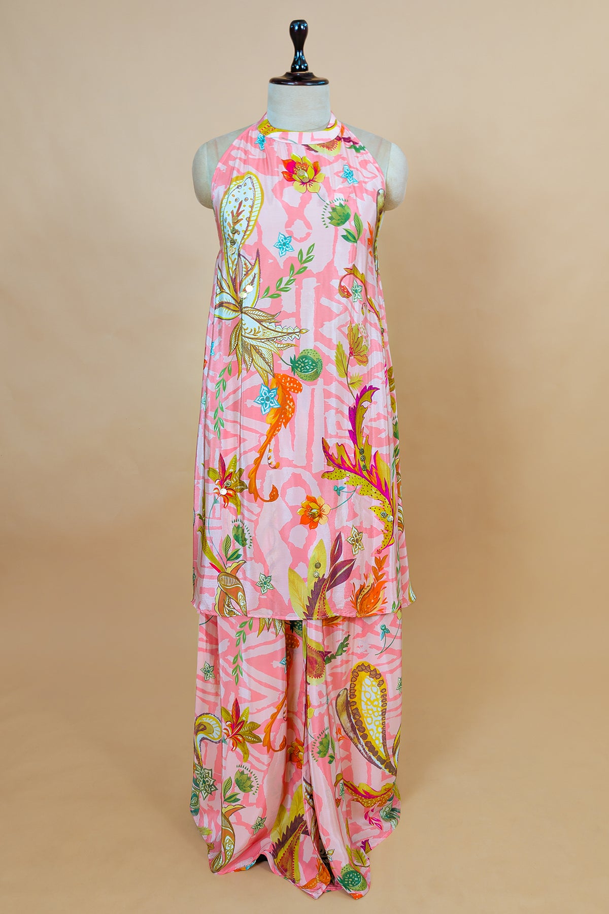 Pink Crepe Silk Digital Floral Printed Halter Neck Co-Ord Set featuring lightweight, breezy trousers