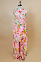 Pink Crepe Silk Digital Floral Printed Halter Neck Co-Ord Set featuring lightweight, breezy trousers