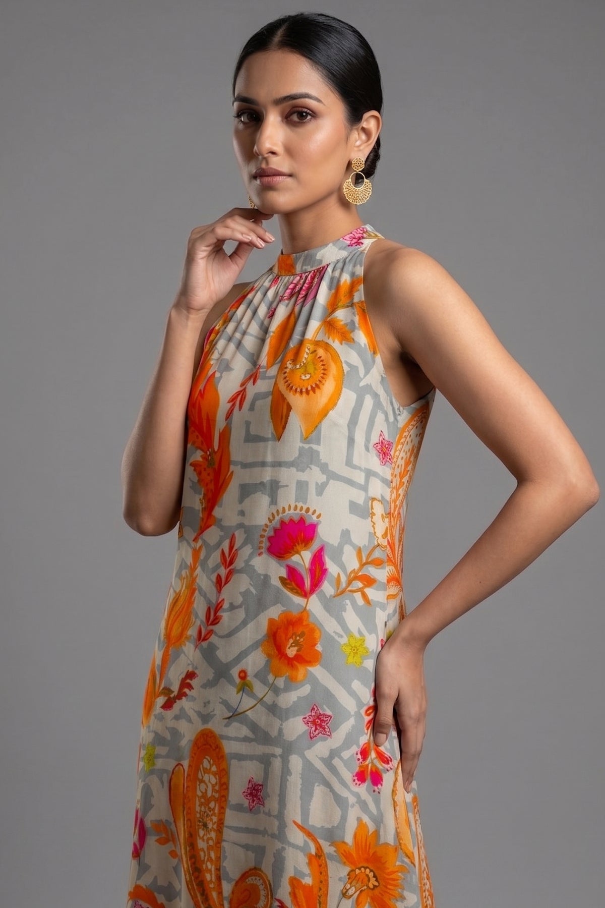 Close-up of the botanical digital print on the Grey Crepe Silk Floral Printed Halter Neck Co-Ord Set