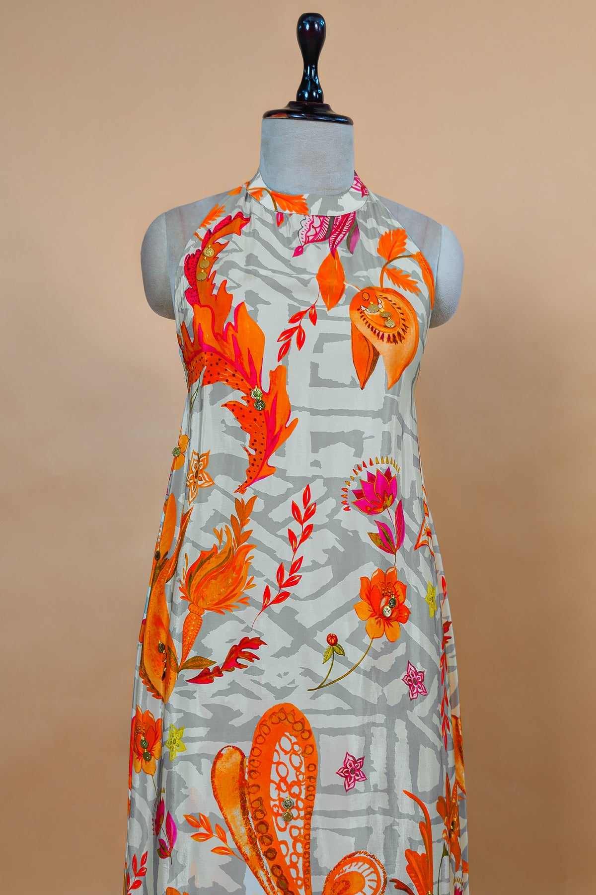 Grey Crepe Silk Floral Printed Halter Neck Co-Ord Set highlighting the ergonomic halter neckline