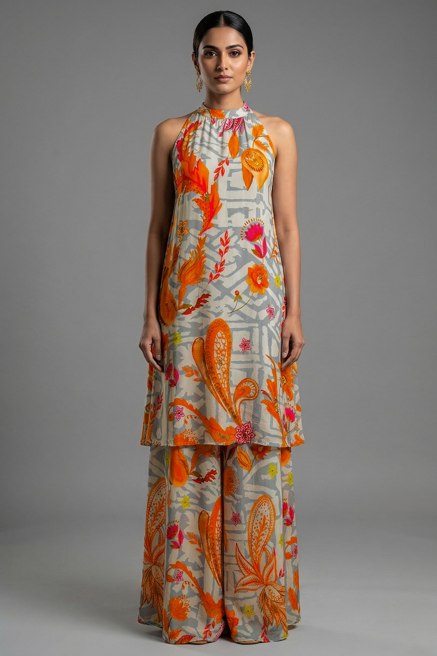Grey Crepe Silk Floral Printed Halter Neck Co-Ord Set - Front View
