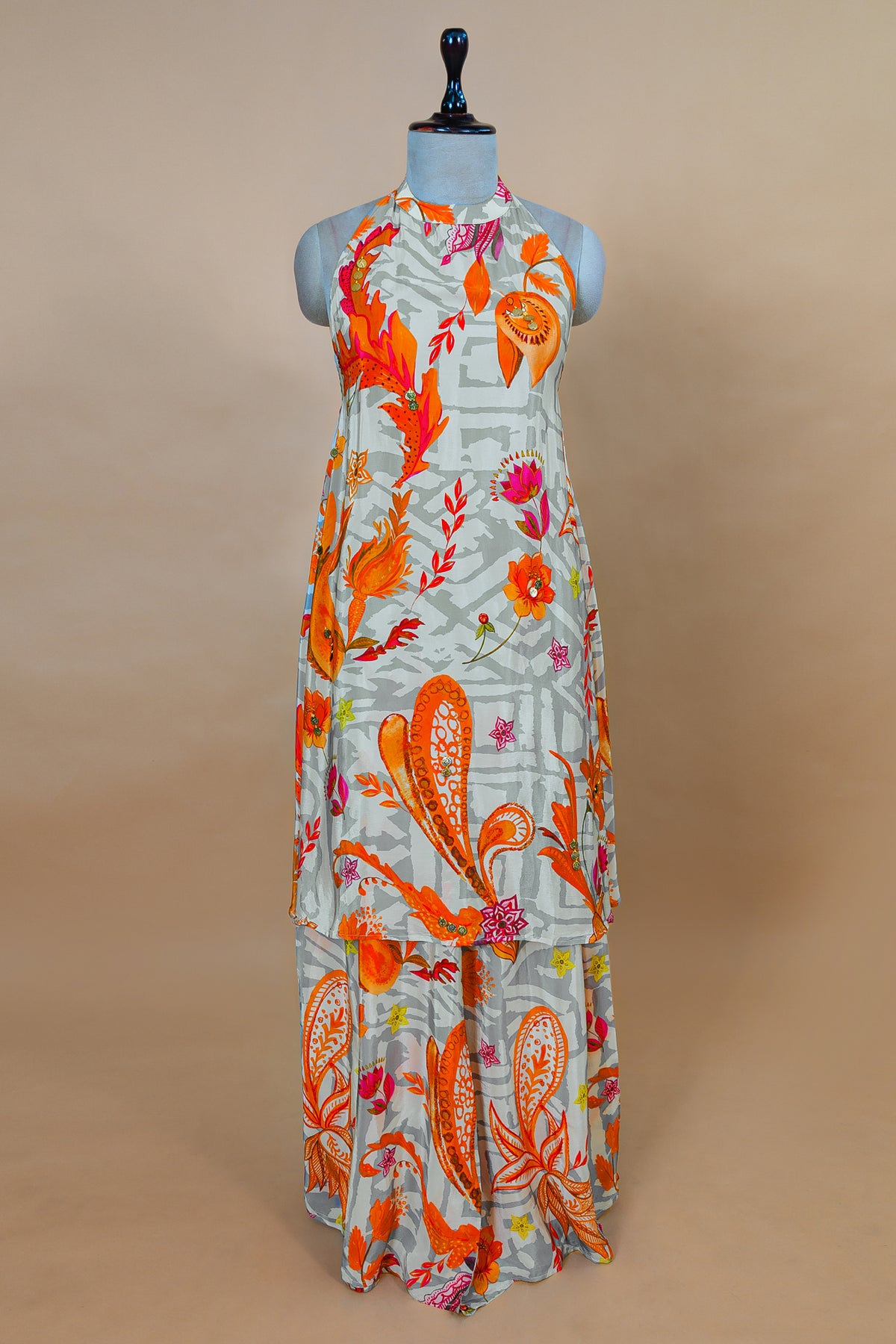 Grey Crepe Silk Floral Printed Halter Neck Co-Ord Set featuring fluid wide-leg trousers