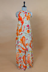 Grey Crepe Silk Floral Printed Halter Neck Co-Ord Set featuring fluid wide-leg trousers