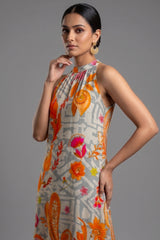 Close-up of the botanical digital print on the Grey Crepe Silk Floral Printed Halter Neck Co-Ord Set