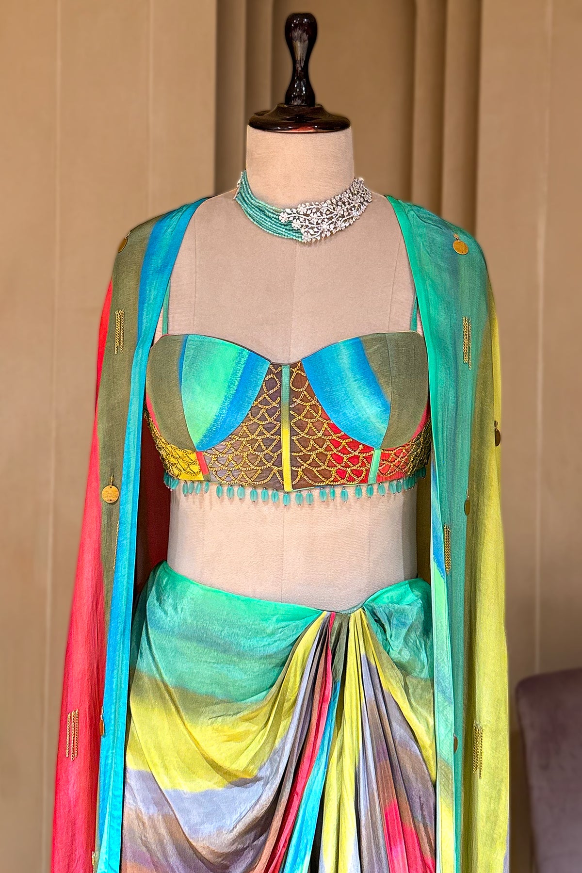 Veridian Crepe Satin Silk Cape Set highlighting the lightweight, ethereal flowing cape