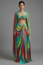 Veridian Crepe Satin Silk Cape Set - Front View