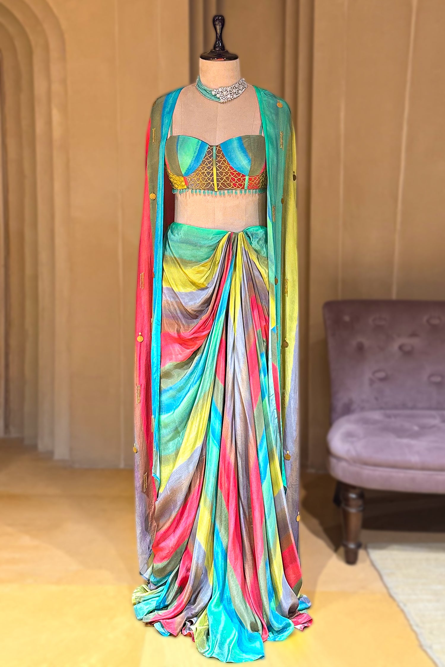 Veridian Crepe Satin Silk Cape Set featuring tailored trousers and a contemporary crop top