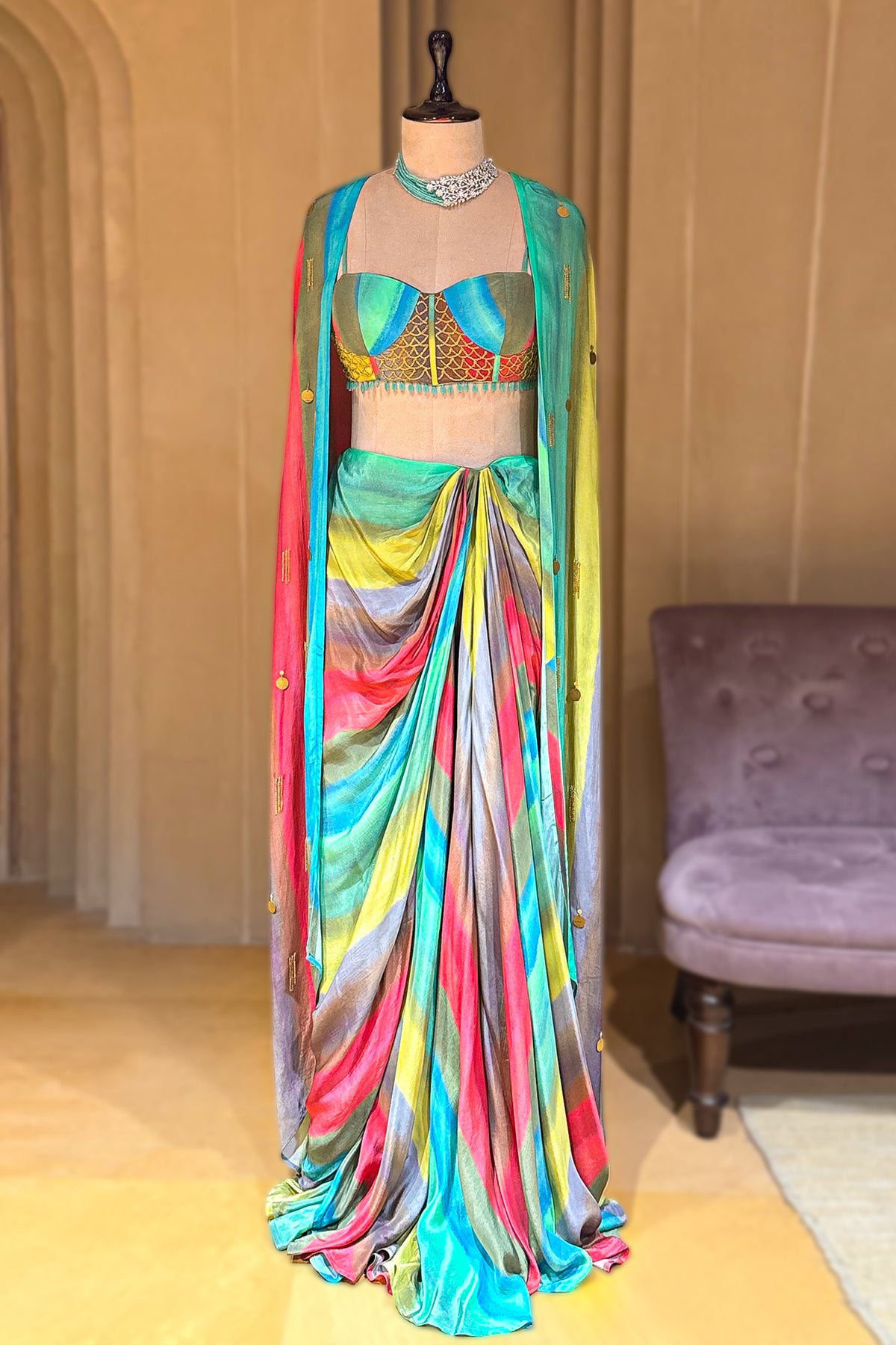 Veridian Crepe Satin Silk Cape Set featuring tailored trousers and a contemporary crop top