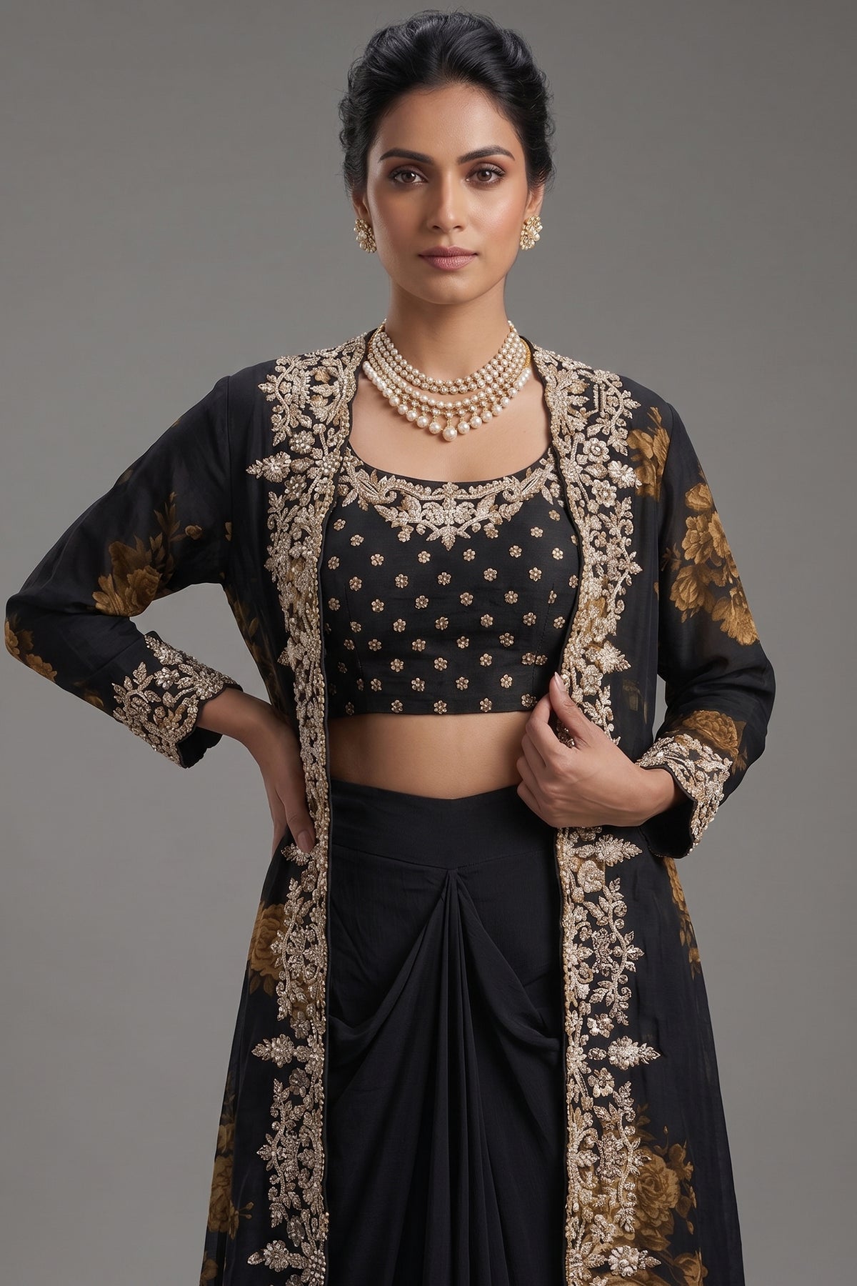Close-up of shimmering beads and cutdana on the Black Chinon Chiffon Floral Printed Cape Set