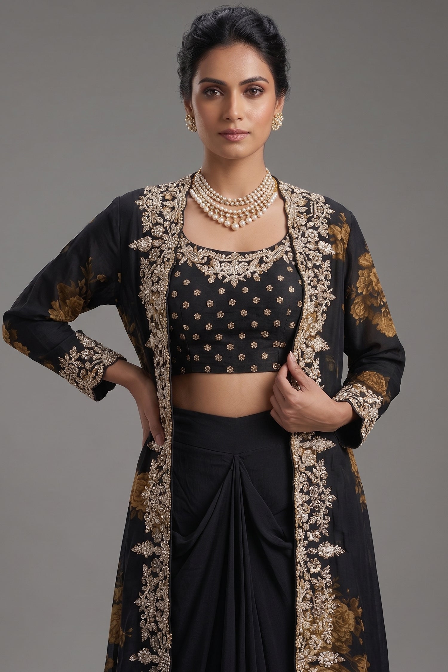Close-up of shimmering beads and cutdana on the Black Chinon Chiffon Floral Printed Cape Set