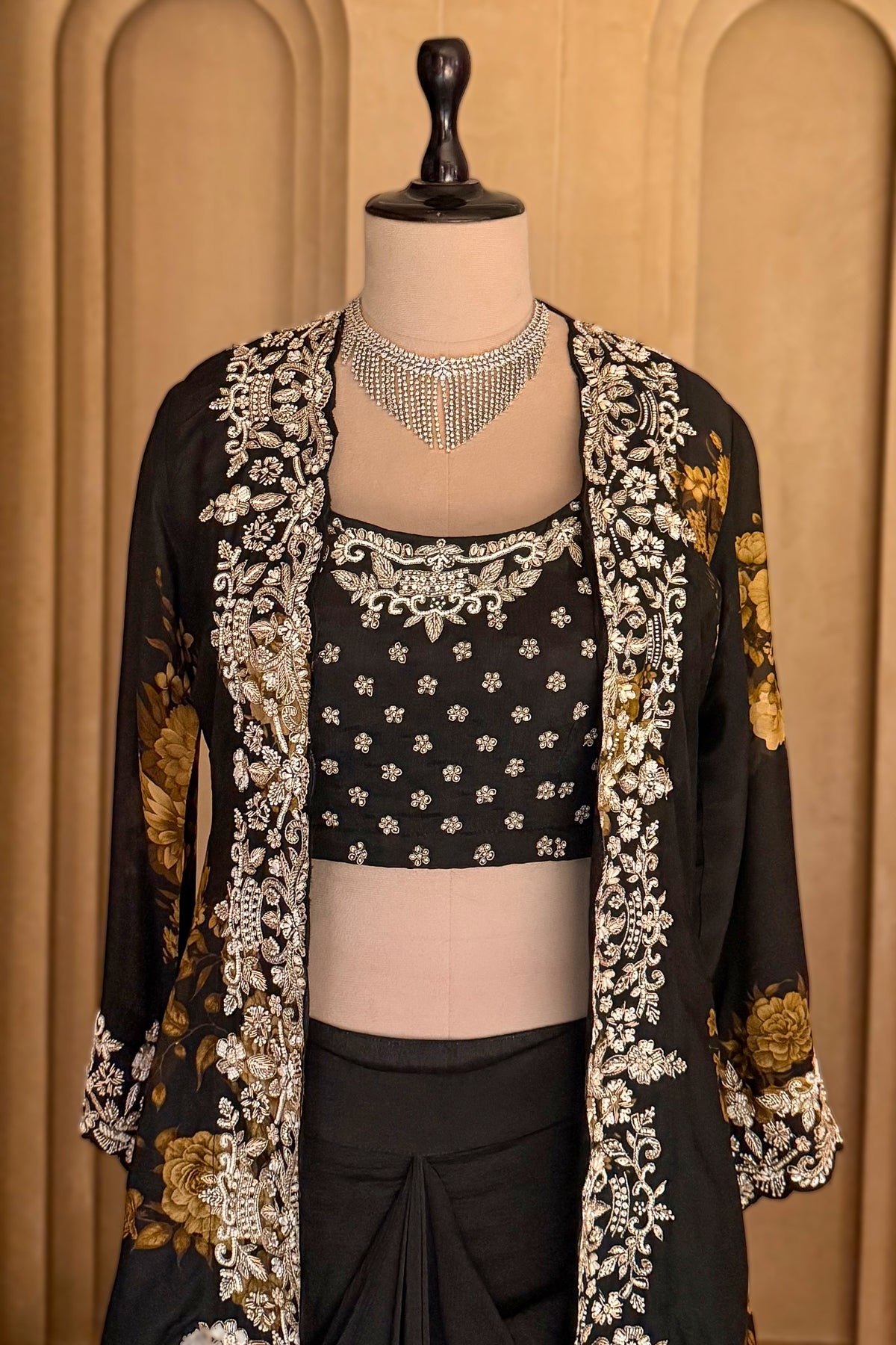 Designer Black Chinon Chiffon Floral Printed Cape Set for gala events and festive celebrations